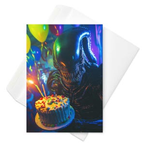 Festa de aniversário do Xenomorph: Carta alienígena gótica - Paródia de criatura de ficção científica com bolo e balões