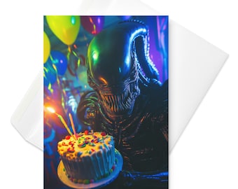 Xenomorph’s Birthday Bash: Gothic Alien Card - Sci-Fi Creature with Cake & Balloons parody