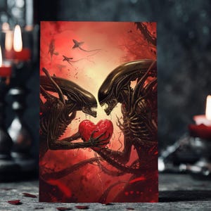 Débordant d'amour - Carte numérique de la Saint-Valentin avec un couple extraterrestre, romance d'horreur et science-fiction, parodie d'amour sombre imprimable, carte bricolage A4 JPG