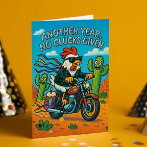 Sem cacarejar – Cartão de aniversário engraçado de motociclista de frango, humor de paródia, galo rebelde, arte animal legal
