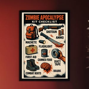May include: A checklist for surviving a zombie apocalypse. The checklist includes items such as a shotgun, ammo, machete, flashlight, first aid kit, canned food, duct tape, and brains. The image is in a vintage style with a brown background and white text.