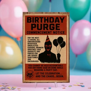 Cartão de pôster de purga de aniversário – Cartão de aniversário engraçado, paródia de purga, caos de festa, cartão de humor negro