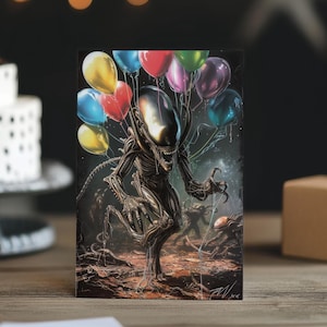 XenoLeap Surprise: Springender Xenomorph mit Luftballons Geburtstagskarte, Sci-Fi Thriller, Alien Begegnung, Space Horror Party Parodie