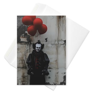 Sorriso de palhaço - cartão de aniversário inspirado em 'It' gótico, palhaço assustador com balões vermelhos, celebração assustadora, saudação de terror única