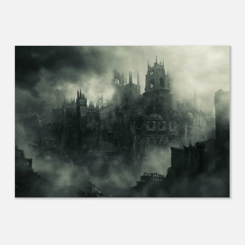 Gothic Horror Cityscape Art Print, Dark Urban Fantasy, Spooky Skyline, Eerie Metropolis Poster, Mysterious Night Scene, Creepy Urban Decor A3 (29.7 x 42  cm)