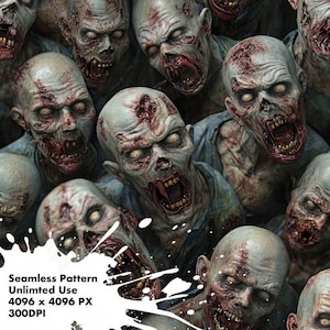 May include: A seamless pattern featuring a close-up of multiple zombie faces with decaying flesh and open mouths. The background is dark, blurry, and indistinct.