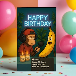 Stupidifiez les plaisanteries d'anniversaire - parodie de carte d'anniversaire drôle, humour singe banane, meme podcast, téléchargement numérique, carte imprimable A4