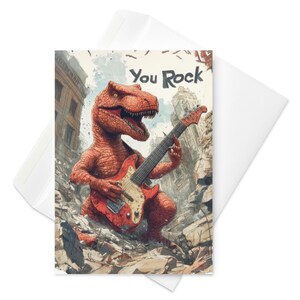 Dino Shreds - grappige "You Rock"-kaart, gitaarspelende T-Rex, epische dinosaurusgroet, cadeau muziekliefhebber