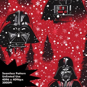 May include: A red and white seamless pattern featuring Darth Vader from Star Wars. The pattern is covered in snowflakes and has a festive Christmas theme.