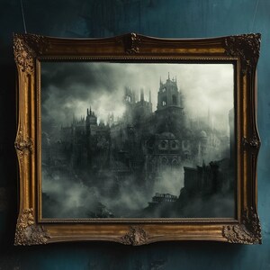 May include: A framed painting of a dark, gothic city with tall buildings and a cloudy sky. The buildings are made of stone and have many windows. The sky is a dark gray and there are clouds in the sky.