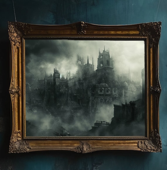 Gothic Horror Cityscape Art Print, Dark Urban Fantasy, Spooky