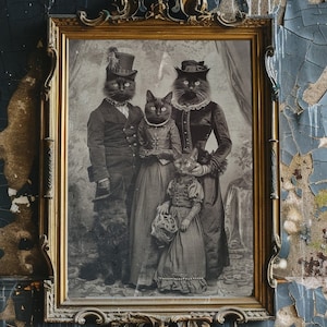 May include: A vintage-style photograph of four black cats dressed in Victorian-era clothing. The cats are wearing top hats, dresses, and bow ties. The image is framed in a gold frame.