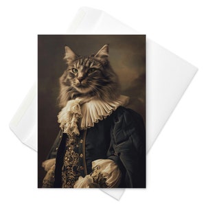 Carte de chat des forêts norvégiennes Maximus, style portrait du XVIIIe siècle, félin humanisé, art de chat vintage, carte de vœux unique, cadeau d’amoureux des animaux