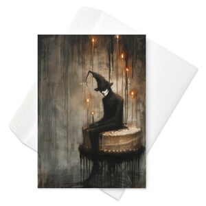 Minuit en deuil - carte d'anniversaire gothique homme fantôme, célébration étrange, humour noir, gâteau effrayant invité, voeux unique sur le thème gothique