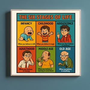Zes levensfasen - grappige existentiële kunstprint, poster satirische levensgrafiek, ouder wordende humor wanddecoratie, herkenbare filosofie