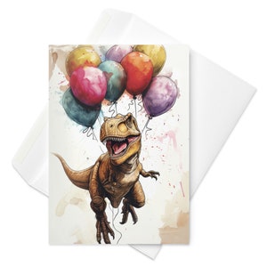 Fliegende T-Rex-Geburtstagsüberraschung - Dinosaurier-Ballon-Abenteuerkarte, lustige prähistorische Feier, Kinder-Bday-Grüße