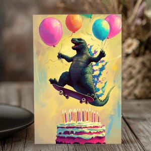 Skatezilla&#39;s Birthday Bash&quot; – Funny Kaiju Parody Card, Monster Humor, Digital Download, Printable Birthday Card