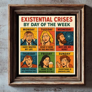 May include: A colorful poster with the text "Existential Crises by Day of the Week" and illustrations of people experiencing existential crises on each day of the week.