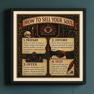 May include: Framed artwork with the title "HOW TO SELL YOUR SOUL". The image features illustrations of ritual items, a skull, an eye, and a handshake, with instructions for each step. The artwork is in a decorative style.