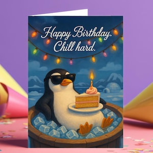 Cooler Tag des Jahres - Lustiger Pinguin Geburtstagskarte, Chill Humor, Eisige Entspannung Vibes, Parodie Tierkarte