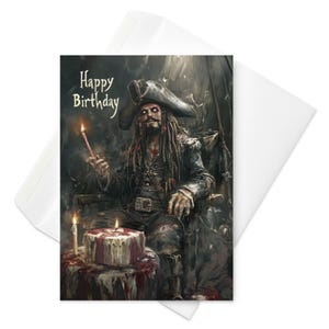 Buccaneer's Glow - Biglietto di compleanno pirata gotico / Pirata con candela e torta / Divertente saluto nautico / Opera d'arte pirata unica