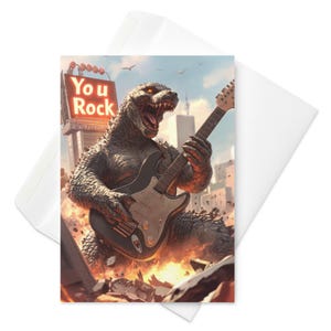 Godzilla Rocks - grappige "You Rock"-kaart, Kaiju-gitarist, epische rock & roll-groet, cadeau muziekliefhebber