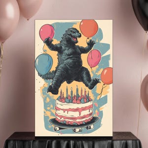 Godzilla-verjaardagskaart | Grappige Kaiju-groet | Monster houdt ballonnen boven taart | Gotische verjaardagshumor