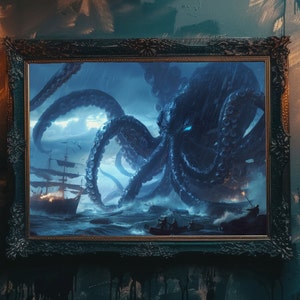 Emboscada leviatán - EDICIÓN LIMITADA Impresión de arte gótico, Calamar gigante contra barco batalla marítima, Encuentro náutico épico, Guerra oceánica dibujada a mano