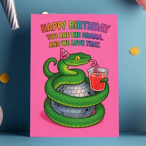 Drame Snake Disco - Parodie de carte d'anniversaire drôle, humour impertinent, téléchargement numérique, fêtard, carte imprimable A4