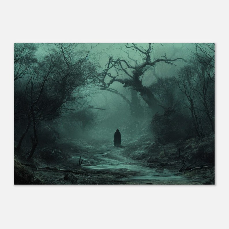 Gothic Forest Art Print, Lone Figure, Eerie & Thought-Provoking, Mysterious Spectacle, Dark Nature Scene A1 (59.4 x 84.1  cm)