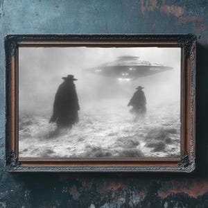 Wüstenentführung Gothic Kunstdruck - Zwei Cloaked Cowboys, UFO Encounter, Dark Horror Scene, LIMITIERTE AUFLAGE