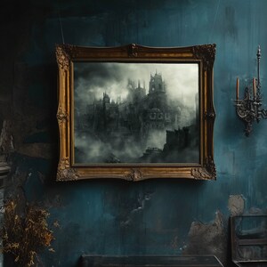 May include: A framed painting of a dark, gothic city with tall buildings and a cloudy sky. The painting is hanging on a blue wall with a black candlestick and candles on a table in the foreground.