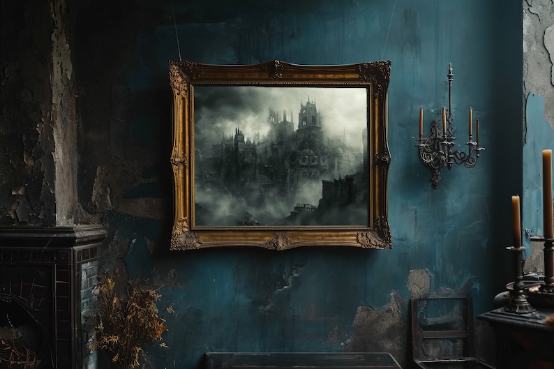 May include: A framed painting of a dark, gothic city with tall buildings and a cloudy sky. The painting is hanging on a blue wall with a black candlestick and candles on a table in the foreground.