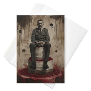 Dilema del dictador: Tarjeta de cumpleaños cómica, líder triste en un pastel, saludo humorístico, celebración única, tarjeta política divertida
