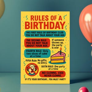 Regras do Clube de Aniversário – Cartão de aniversário engraçado com paródia do Clube da Luta, humor de festa colorido, palhaços não são permitidos