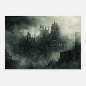 Gothic Horror Cityscape Art Print, Dark Urban Fantasy, Spooky Skyline, Eerie Metropolis Poster, Mysterious Night Scene, Creepy Urban Decor A1 (59.4 x 84.1  cm)