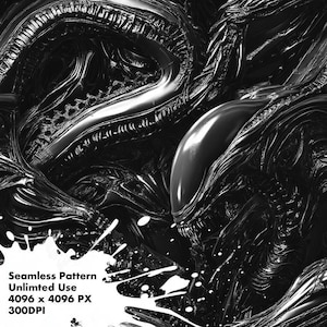 Puede incluir: Un patrón sin costuras que presenta una criatura alienígena en blanco y negro con una piel texturizada y escamosa. La cabeza de la criatura es grande y tiene una mandíbula afilada y puntiaguda. El patrón es perfecto para crear un diseño espeluznante o de ciencia ficción.