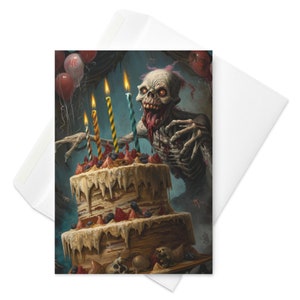 Festa Surpresa Zumbi - Cartão de Aniversário Gótico, Design Louco de Zumbi e Bolo, Celebração Assustadora, Saudação de Terror Única