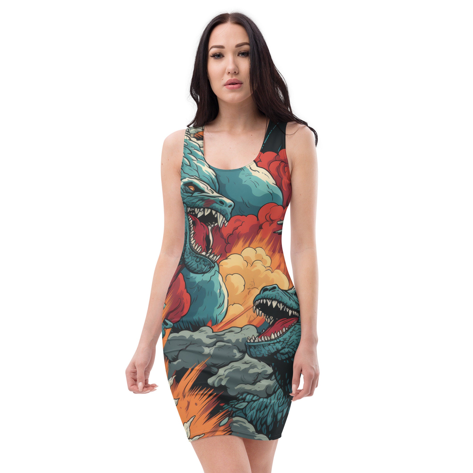 Godzilla Printed Fitted Dress Bold & Fabulous Designer Statement Piece ...