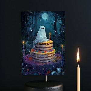 Spectrale viering - leuke geest op taart verjaardagskaart, grillige geest, spookachtige verjaardag, luchtige spookachtige groet