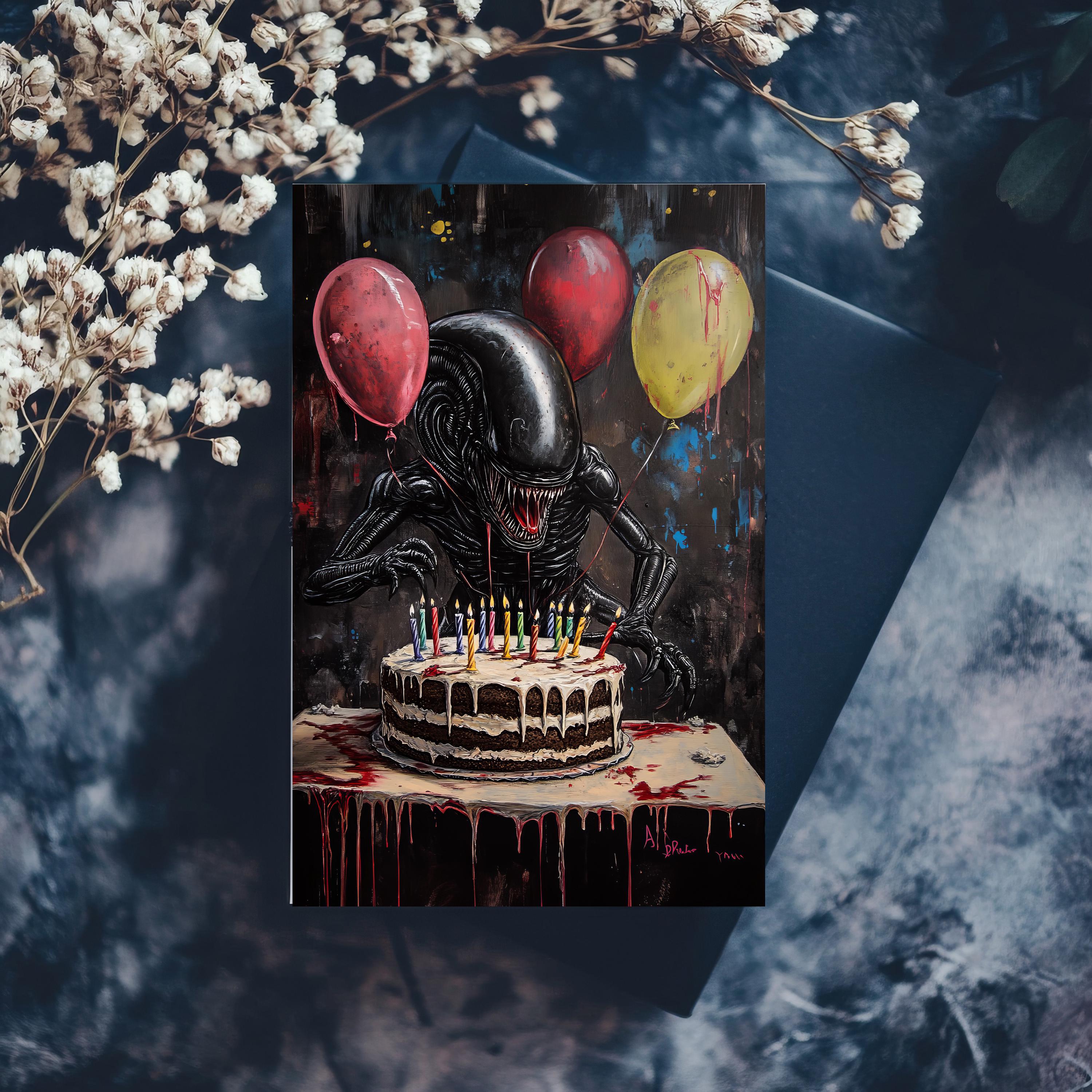 Xenomorph Alien Birthday Card Gothic Horror Theme With Balloons