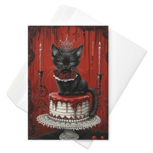 Midnight Purrade - Gothic Katze auf Kuchen Geburtstagskarte, dunkle Eleganz, wunderlicher Goth, einzigartige Katzen Feier, schattiger Geburtstagswunsch