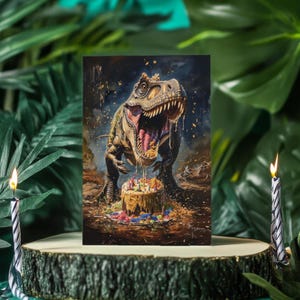 Jurassic Jamboree - gotische T-Rex verjaardagskaart, rommelig taartfeest, dinosaurus genot, unieke prehistorische feestgroet