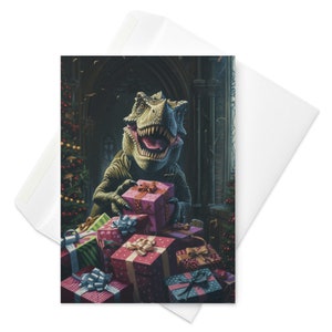 Jurassic Jamboree Geburtstagskarte - T-Rex mit Geschenken, Dino-Party-Extravaganza, wunderlicher Geburtstagswunsch, Spaß für alle Altersgruppen