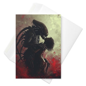 Alien-Themen Valentinstagskarte, Xenomorph menschliche Romanze, Sci-Fi Liebe, Interstellare Umarmung, Einzigartiger Romantischer Gruß