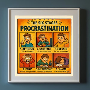 The Six Stages of Procrastination Art Print | Funny Parody Wall Decor | Limited Edition Humor Poster