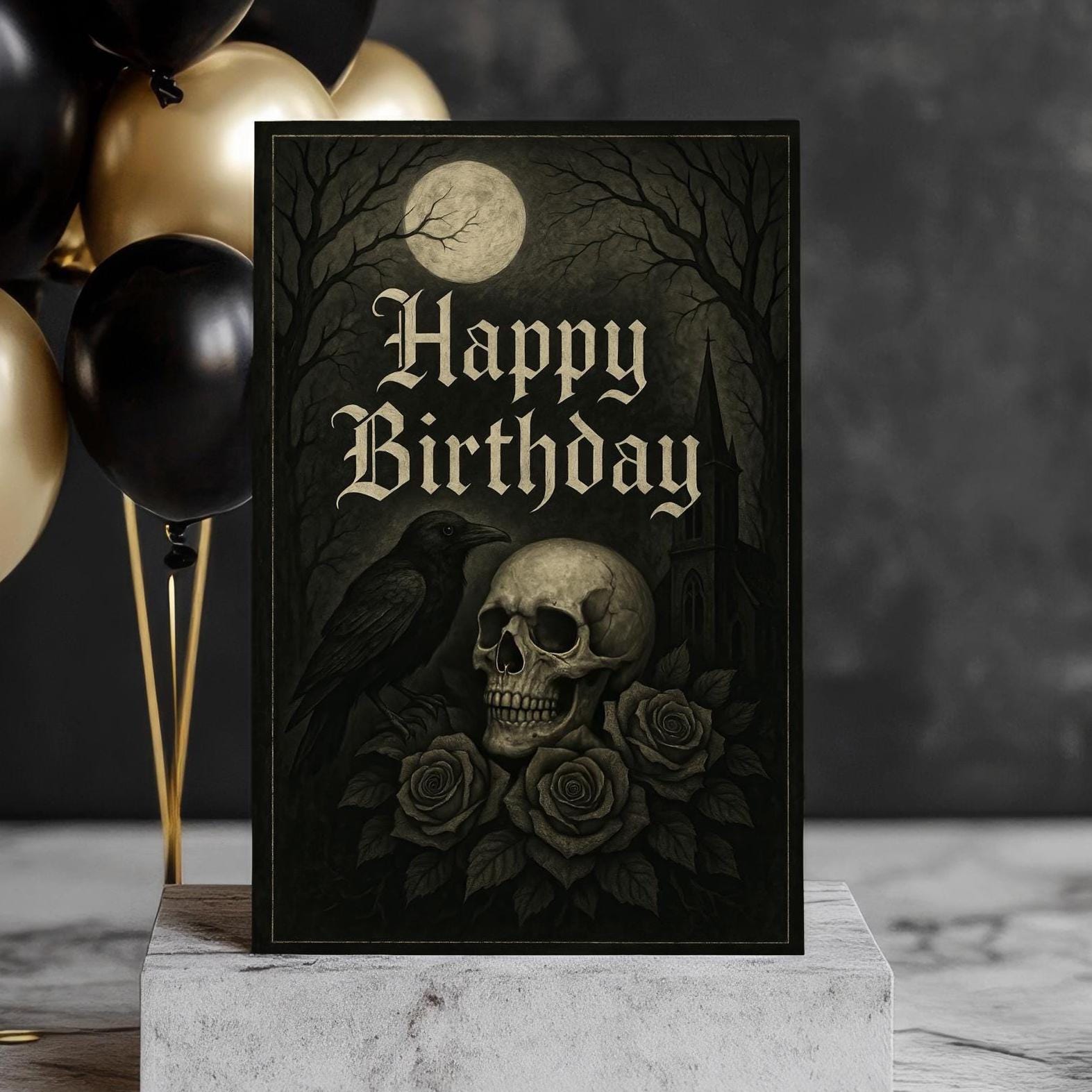 Nevermore Birthday – Gothic Raven & Skull Birthday Card, Occult