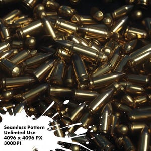 May include: A seamless pattern of gold-colored bullets, arranged in a random pile. The pattern is 4096 x 4096 pixels and 300 DPI.