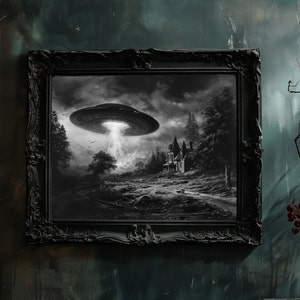 Gothic UFO Art Print, Victorian House, Black and White Wall Decor, Alien Encounter Poster, Wilderness Scene, Spooky Decor LIMITED EDITION