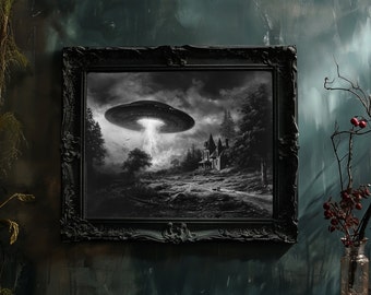 Gothic UFO Art Print, Victorian House, Black and White Wall Decor, Alien Encounter Poster, Wilderness Scene, Spooky Decor LIMITED EDITION